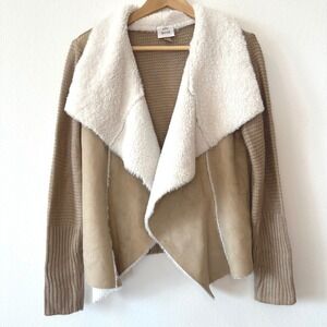 Knox Rose Womens Tan Faux Suede Shearling Mixed Media Knit Cardigan Jacket M